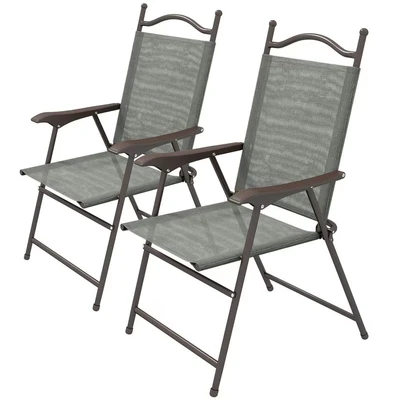 Image of Outsunny Folding Chairs Set of 2, Garden Chair with Armrest, Breathable Mesh Fabric Seat, Patio Camping Sports for Adults, Dark Grey