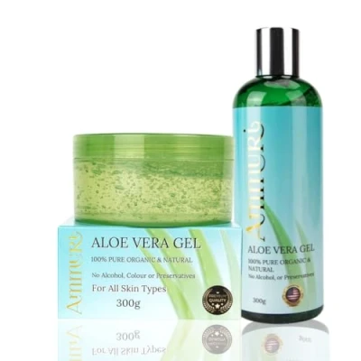 Image of Ammuri Organic Aloe Vera Gel Set 2 Pack: 300ml Bottle &amp; Jar 100% Pure for Skin Hair Care Non Sticky Fast Absorbing Multi Purpose Hydration