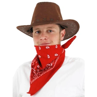 Image of COWBOY FANCY DRESS ACCESSORY SET COSTUME BROWN FAUX SUEDE HAT &amp; COLOURED PAISLEY BANDANA WILD WEST WESTERN BANDANNA (RED)