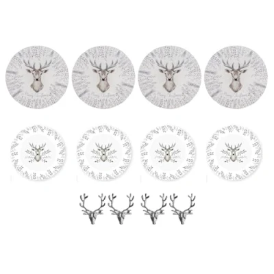 Image of YöL Set Of 4 Christmas Charger Plates &amp; Stag Head Napkin Rings White And Grey Design Xmas Lunch Dinner Table Decoration Serviette Holders