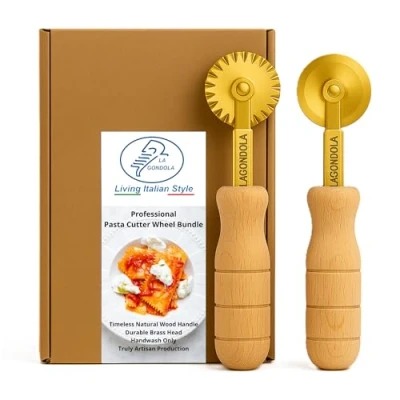 Image of La Gondola Set of 2 Homemade Pasta Cutters Festooned &amp; Smooth Wheels Making Tools for Home Business Brass Natural Wood Easy to Use Cutting Ravioli Made in Italy