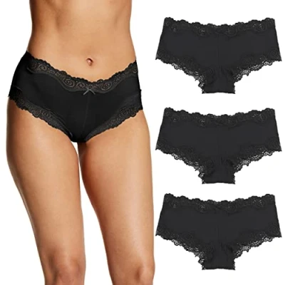 Image of Maidenform Women&#039;s Underwear, Low Rise Cheeky, Scalloped Lace Hipster Panty, 3 Pack, Black/Black/Black, XL (Pack of 3)