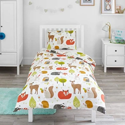 Image of Bloomsbury Mill Cot Bed Duvet Cover Set Toddler Bedding For Boys and Girls Woodland Animals Animal Kids &amp; Pillow Case 120x150cm
