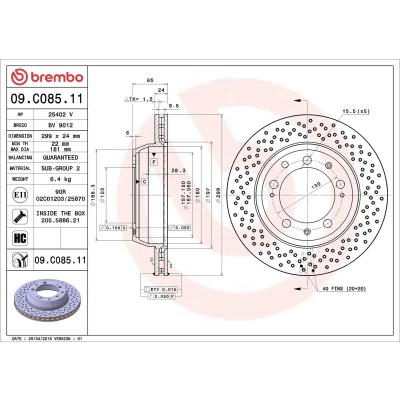 Image of 99335204102 Brake DISC BREMBO Coated LINE 09.C085.11 299mm 24mm 5 perforated/vented High carbon PORSCHE: 911 Convertible, Coupe