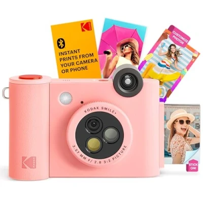 Image of KODAK Smile+ 2 in 1 Digital Instant Print Camera &amp; Wireless Bluetooth Photo Printer 10MP, Special Effect Rotating Lens, Zink 2x3 Inch Sticky Back Photos, via Fun App from Smart Devices Pink