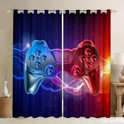 Image of Galaxy Gamepad Curtains Kids Boys Modern Gradient for Bedroom Living Room Video Game Windows Drapes Novelty Controller Decoration,Blue,Red,W46*L54