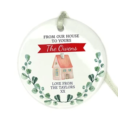 Image of GuteGifts Personalised Christmas 2021 Ceramic Bauble FROM OUR HOUSE TO YOURS Gift for Family Member/Friends/Colleague Ornaments Xmas Tree Decor Merry Christmass Hanging Sign Keepsake, White