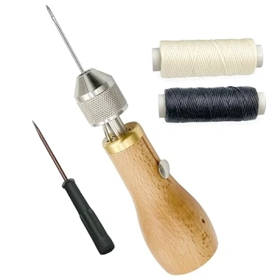 Image of Professional Speedy Sewing Awl Hand Stitcher Repair Tool Kit for Leather and Heavy Fabrics with 2Pcs Needles,1Pcs Coil Waxed Thread