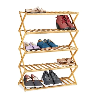 Image of Relaxdays Bamboo Rack 5 Levels, 15 Pairs, Shoes Storage for Hallway, HWD: 89 x 67 26 cm Foldable, Stable, Natural