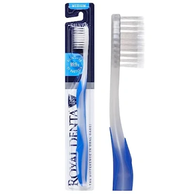Image of Royal Denta Manual Medium Toothbrush for Adults, Flossing with Silver Particles to Prevent Bacteria, Blue