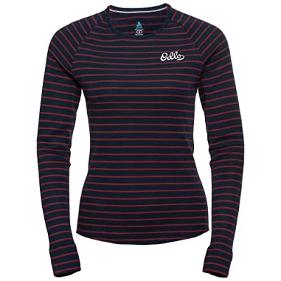 Image of Odlo Women Functional long sleeve shirt with stripe print ACTIVE WARM ORIGINALS ECO, dark sapphire sundried tomato, XL