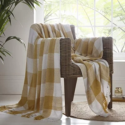 Image of Portfolio Epsom Throw Throwover Blanket for Bed Chair Sofa, Cotton, Ochre, 228 x 250cm