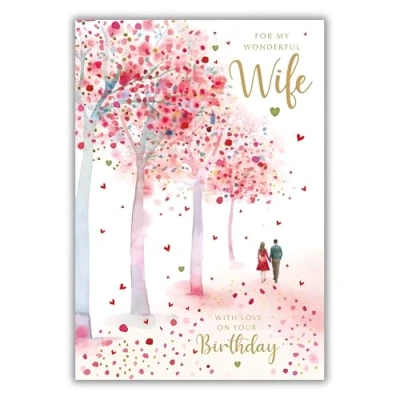 Image of Nigel Quiney &#039;Wonderful Wife&#039; Large Birthday Card Cherry Blossom Walk Embossed with Foil Eco Friendly &amp; Recyclable