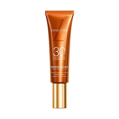 Image of Lancaster Infinite Bronze Sunlight Cream SPF 30 50ml Medium/Dark Shade Tinted Protection Non Greasy and Sticky Formula Natural Looking Finish Vegan