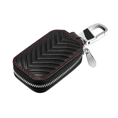 Image of KUMEED Black Genuine Leather Car Smart KeyChain Coin Holder Cover Pouch Remote Key Chains Fob Bag Keyring Wallet Zipper Case (Black, Small)