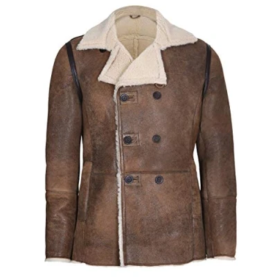 Image of Infinity Leather Mens Double Breasted Shearling Sheepskin Pea Coat Valencia Tan Size 4XL