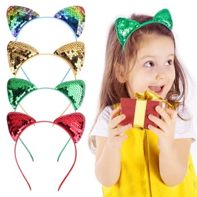 Image of TRKETK 4 Pieces Cat Ear Hair Hoops, Girls Metal Sequin Ears Headband Hoop Shiny Cute Kitty Headbands Set for Women Party Daily Wear Decoration