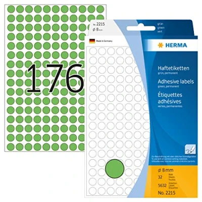 Image of HERMA Dot Stickers Green, 5632 Labels, Ø 8 mm, 176 Labels per Sheet, Self Adhesive Round Colour Stickers, Blank Marking Dots, Sticky Circle for Color Coding Calendar