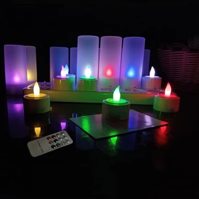 Image of QSPORTPEAK Colour Changing Rechargeable LED Tea Lights with Remote Control,Flameless Lights,USB Candle Charging Station,for Christmas Halloween Party Wedding,Multicolour,12pcs