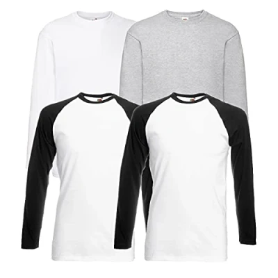 Image of Fruit of the Loom Men&#039;s Valueweight Long Sleeve Sports Top, 2 Base Whiteblack + 1 Ls White Grey Hlkauf Notepad, M