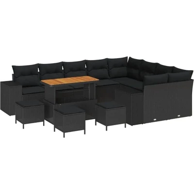 Image of vidaXL 13 Piece Garden Sofa Set with Cushions Black Poly Rattan Acacia