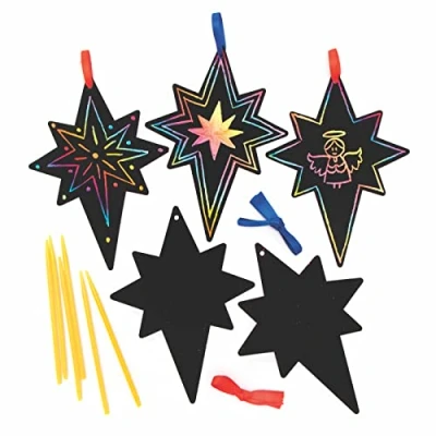 Image of Baker Ross Nativity Star Scratch Art Decorations Pack of 12 Christmas Decoration Craft Kit for Kids, Festive Activities Children (FC204)