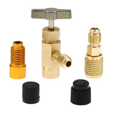 Image of gohantee 5Pcs Can Tap Refrigerant Dispenser Valve, R1234YF Bottle Opener 1/2LH to 1/4 Male Connector with Dust Caps Fits for R134a R12 R22 Charging Hose SAE 1/2, Puncture