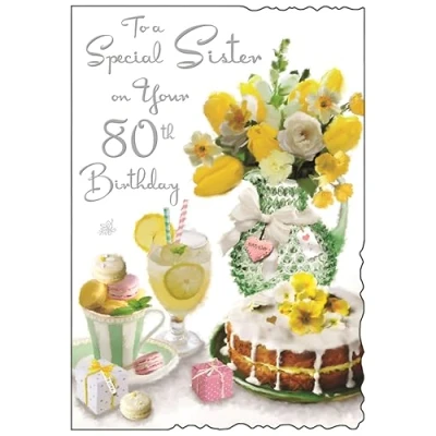 Image of Sister 80th Birthday Card Age 80 Special Floral Bouquet and Cake Design Finishes Illustrated Insert Leaf Made in the UK