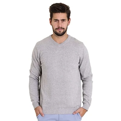 Image of Mens Sweater Pullover V Neck Knitted New Cotton Casual Long Sleeve Jumper Top (Grey, XL)