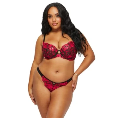 Image of Ann Summers The Hero Lace Non Padded Bra for Women with Jewelled Charm, Underwire Bra, Unpadded Plunge Lace, Matching Underwear Black &amp; Red
