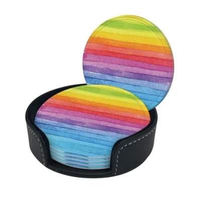 Image of Colorful Rainbow Stripe Print Round Leather Coasters Set Of 6, Ultra Fiber Pu