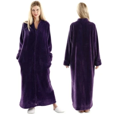 Image of Oksun Womens Plus Size Fleece Dressing Gown Soft Bathrobe Full Length with Zipper , Purple, UK14 20(label XL)