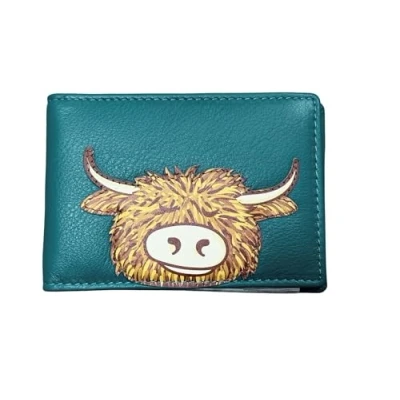 Image of Mala Leather RFID Protected Credit Card ID Holder Highland Cow (Teal)