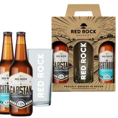 Image of Red Rock Brewery Traditional British Ale Gift Set with Glass 2x 500ml Bottles of English Beer (Lighthouse &amp; Capstan)