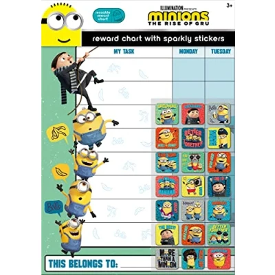 Image of Paper Projects 01.70.30.033 Minions: The Rise of Gru Reward Includes 56 Sparkly Stickers, Colourful Chart is Wipe Clean, Blue/Green, 29.7cm x 42cm