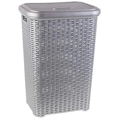 Image of 60 Litre Large Silver Plastic Laundry Basket with Lid Rattan Washing Clothes Storage Hamper Bin