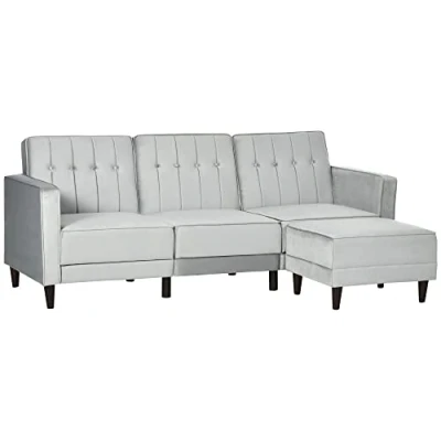 Image of HOMCOM Corner Sofa Bed Reversible 3 Seater Sectional Set Velvet Touch Sleeper Futon with Footstool, Light Grey