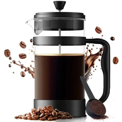 Image of KICHLY 1000ml Cafetiere 8 Cup French Press Coffee Maker, and Tea Maker with Triple Filters, Heat Resistant Borosilicate Glass Caffettiere Steel Plunger, Black