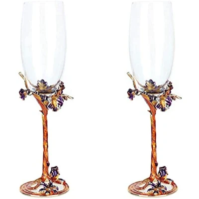 Image of CLQ Champagne Flutes Set of 2 Glasses 130ml Hand blown Made painted Enamels Elegant Work Art Wedding and Anniversary. Green