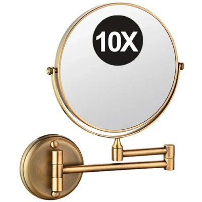 Image of REWIS 8 Inch Wall Mounted Makeup Mirror, Double Sided Vanity Mirror with Magnifying, 360 Swivel Adjustable Brass Beauty Cosmetic HD Shaving for Bathroom,Brass,10X