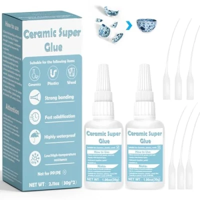 Image of WAN2TLK Ceramic Glue 60g, Waterproof Repair for Pottery, Heat resistant, Porcelain Bonding Glass, Plastic, Acrylic, Metal, Wood, Rubber 6 Applicator Nozzles