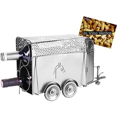 Image of BRUBAKER Wine Bottle Holder &#039;Horse Trailer&#039; Metal Sculpture with Greeting Card
