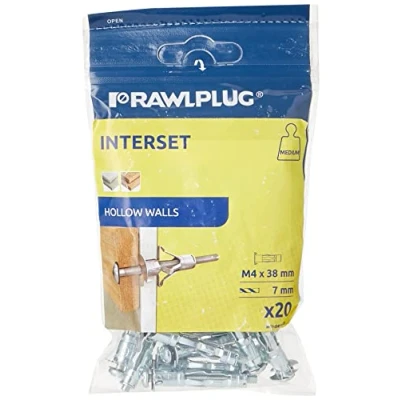 Image of Rawlplug Metal Fixing with Metric Screw Pack of 20 Screws for Plasterboard Cavity Wall Fixings 4 x 38mm, Silver, R S1 SM04038/20