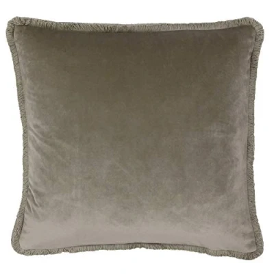 Image of Riva Paoletti Freya Cushion Cover Taupe Brown Super Soft Velvet Fabric Cotton Fringed Edges Machine Washable 100% Polyester 45 x 45cm (18&quot; 18&quot; inches)