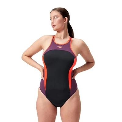 Image of Speedo Womens HIGH NECK Splice Cross BACK Swimsuit Swimsuit, Women&#039;s, Size: 42, Black/plum dandy/siren red