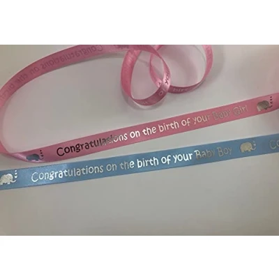 Image of 15mm Blue Satin Ribbon Printed with Metallic Silver &#039;Congratulations on The Birth or Your Baby Boy&#039; 1 Metre Length, Cut from roll
