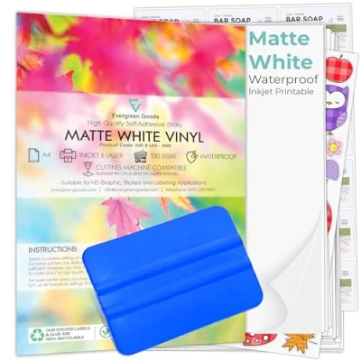 Image of Evergreen Goods 10 A4 Matte White Printable Sticker Paper Vinyl with Squeegee Inkjet Laser Waterproof Sheets Blank Self Adhesive Make Your Own Stickers &amp; Product Labels