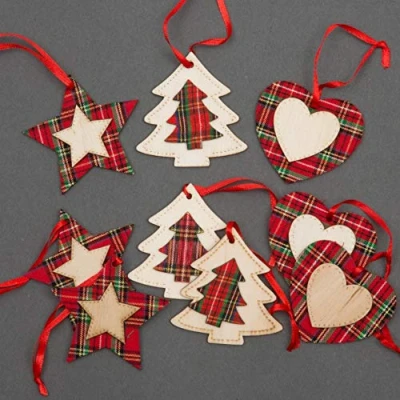 Image of SHATCHI Christmas Tree Ornaments Wooden Aesthetic Hanging Decorations set of 9 pcs Xmas DIY Holiday Home Décor 3 Star, Heart, Shape pieces(8cm)