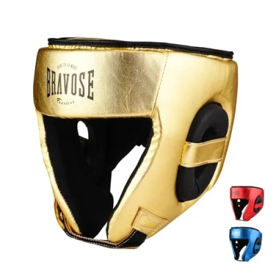 Image of BRAVOSE Fearless Boxing Headguard Velcro Boxing, Training, Sparring &amp; Martial Arts Headgear Adjustable Head Guard for Ear, Cheek, Face Protection Helmet MMA, Kickboxing, Taekwondo (Gold)