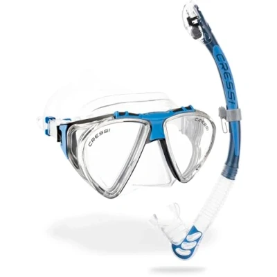 Image of CRESSI Penta &amp; Alpha Combo Clear/Blue Mask + Snorkel for Diving and Snorkelling, Transparent/Blue, One Size, Unisex
